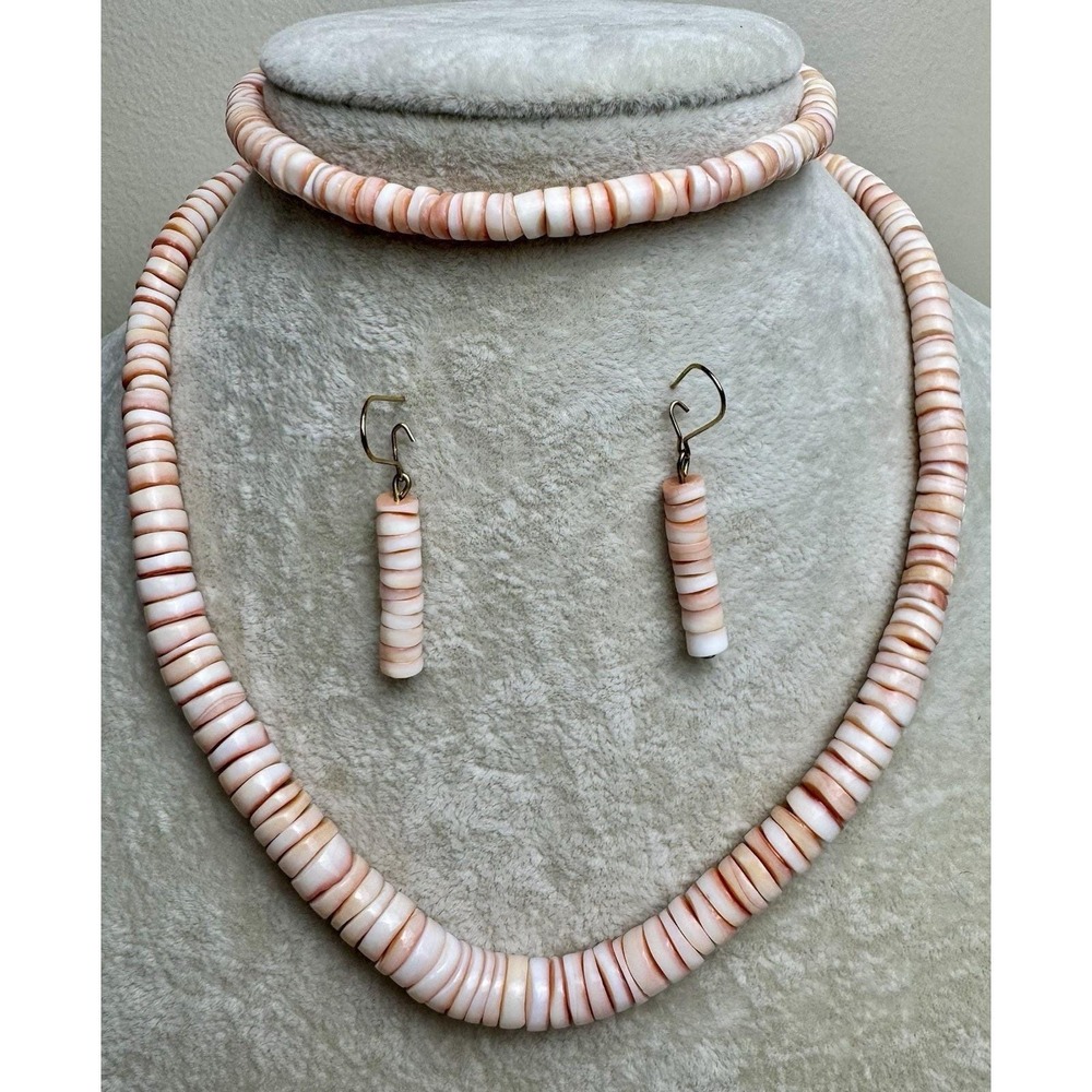 Vintage Spiny Oyster Heishi Shell Beaded Necklace Set Southwestern Pink Cowgirl